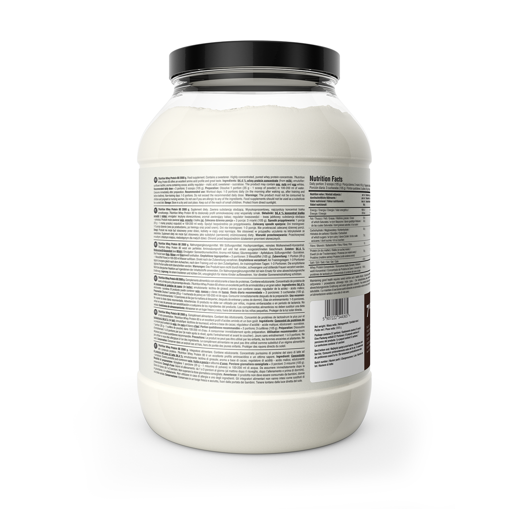 Whey Protein 80 chocolate tub, 2000 g, ingredients and label text on back