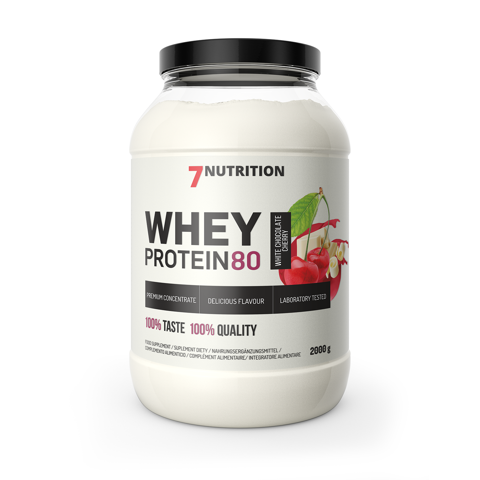 7NUTRITION Whey Protein 80 jar, 2000g White Chocolate Cherry flavor label