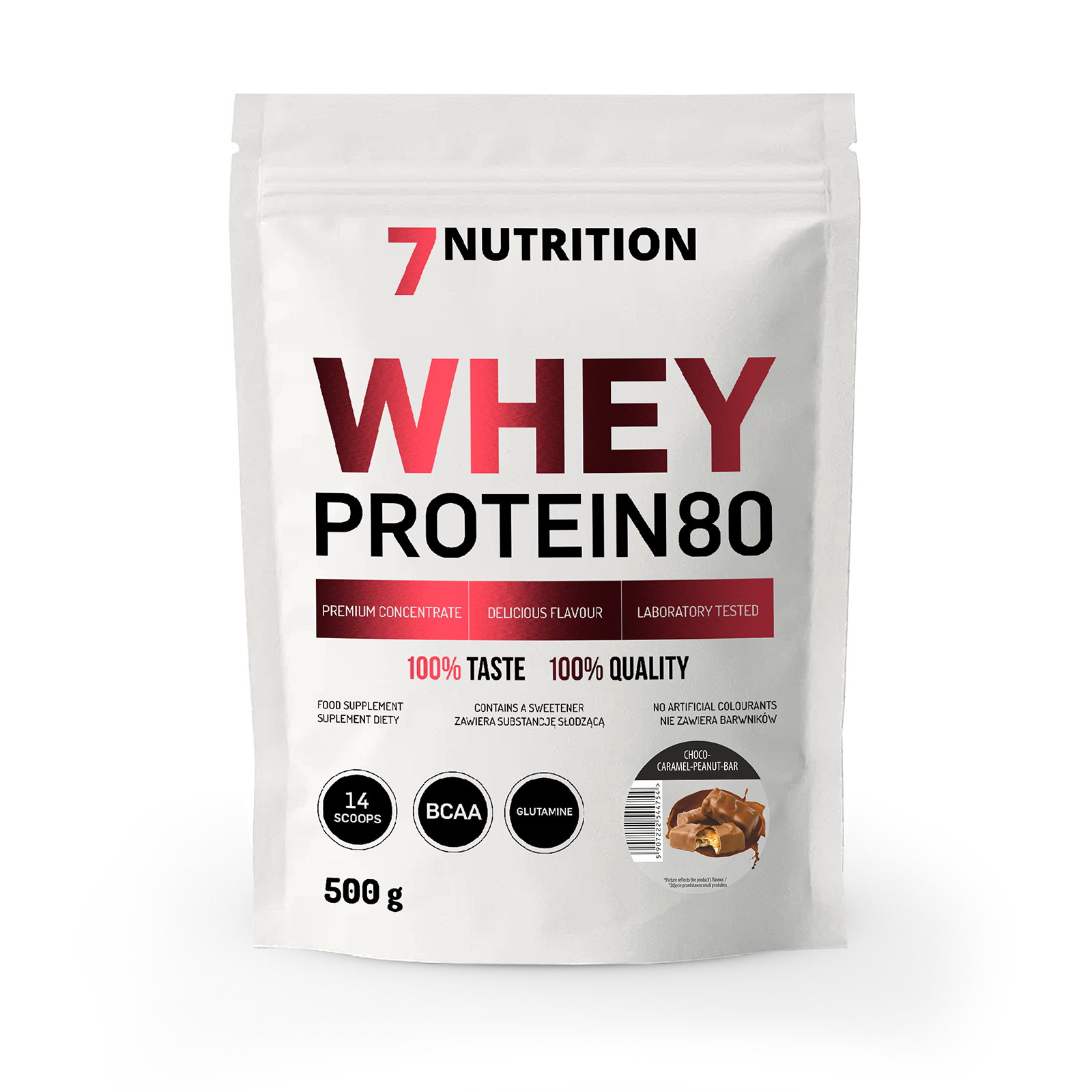 Whey Protein 80 powder bag, 500 g, chocolate caramel peanut bar flavor