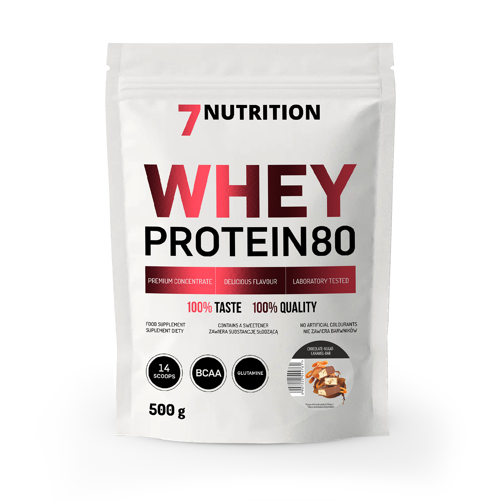 Whey Protein 80 500 g pouch, Chocolate Nugat Caramel Bar flavor