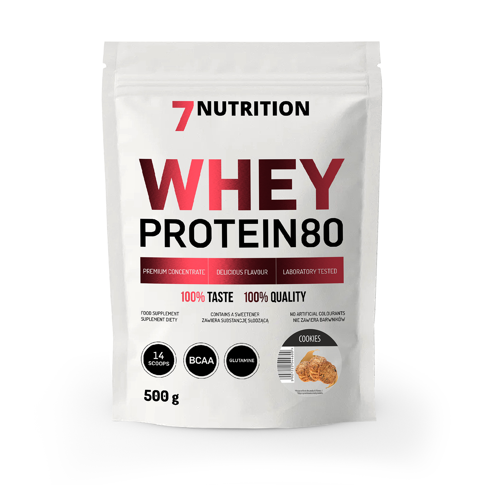 7Nutrition Whey Protein 80 500 g, Cookies-Geschmack, Beutel Vorderseite