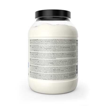 Whey Isolate 90 tub with back nutrition facts label, natural 1000g