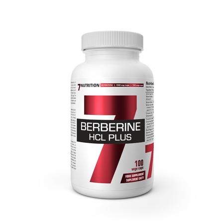 7Nutrition Berberine HCL Plus Kapselglas mit rotem Frontaufdruck, weißem Schraubdeckel