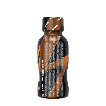 Energy Drink Flasche 100 ml, Rückansicht mit Nährwerttabelle und Orange Streifen