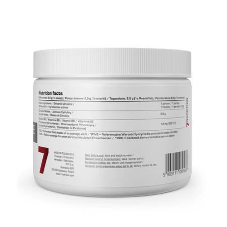 Dose mit Rücketikett und Nährwertangaben zu Citrulline Malate + Vitamin B6