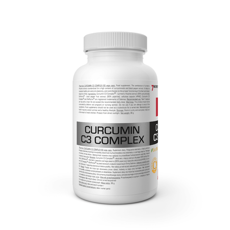 Curcumin-C3-Complex, Rückseite der weißen Flasche mit Inhaltsstoff-Text