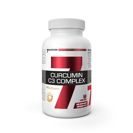 Curcumin-C3-Complex, weiße Flasche mit rotem Etikett und Deckel