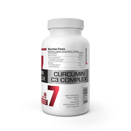 Curcumin-C3-Complex, Vorder- und Seitenansicht der weißen Kapsel-Flasche