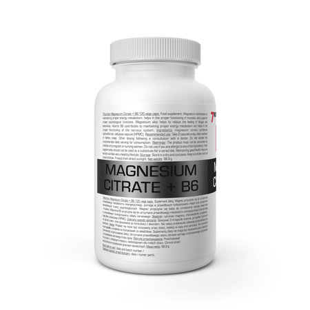 Magnesium-Citrat+B6 Kapseln, Rückseitenetikett auf weißer Flasche