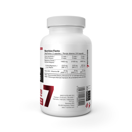 Magnesium-Citrat+B6 Kapseln, Nährwerttabelle seitlich auf weißer Flasche
