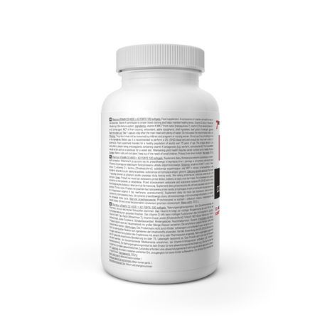 Vitamin-D3+K2 Kapseln in weißer Dose, Rücketikett mit Text zu Inhaltsstoffen