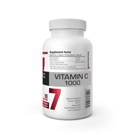 Vitamin C 1000 7NUTRITION: Seitenansicht der Flasche, 90 Kapseln