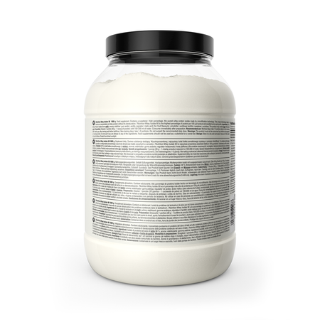 Whey Isolate 90 Vanilla protein powder, back label on 1000 g jar