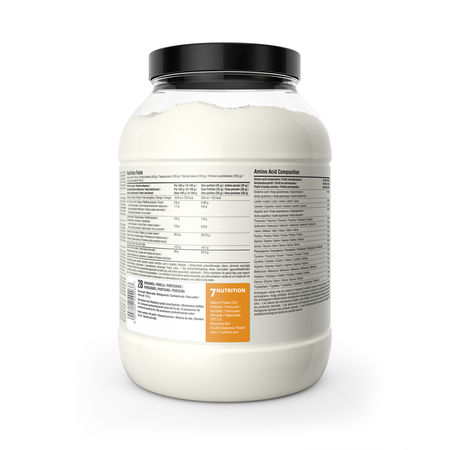 Whey Isolate 90 Vanilla protein powder, nutrition panel on 1000 g jar