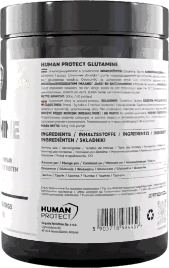 Unflavoured glutamine supplement jar with silver lid and white label