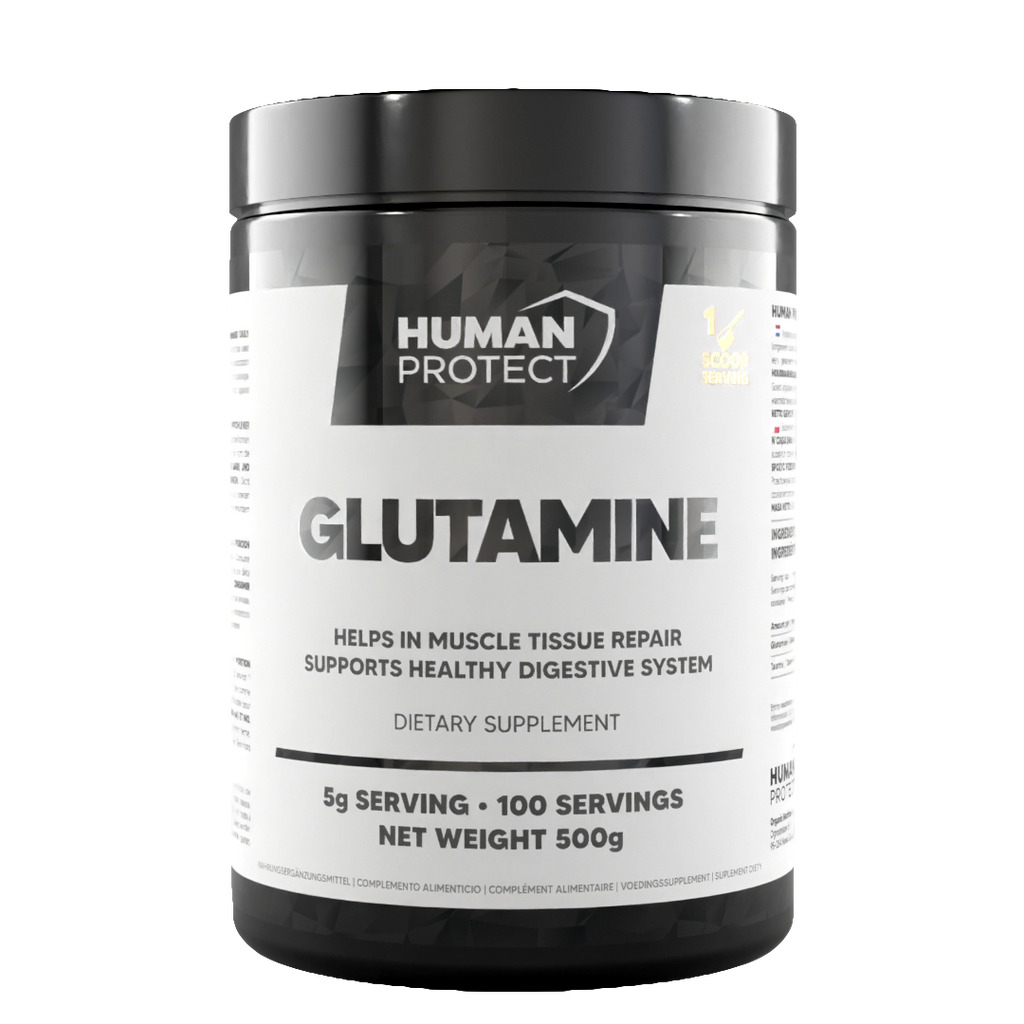 Glutamine 500 g unflavoured jar, '100 servings' text on front label