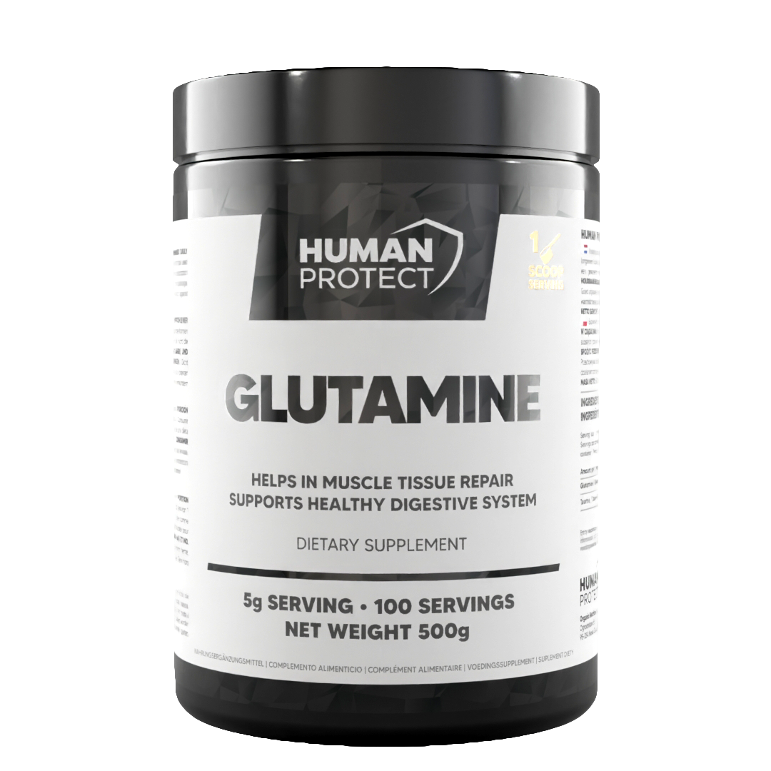 Glutamine 500 g unflavoured jar, '100 servings' text on front label