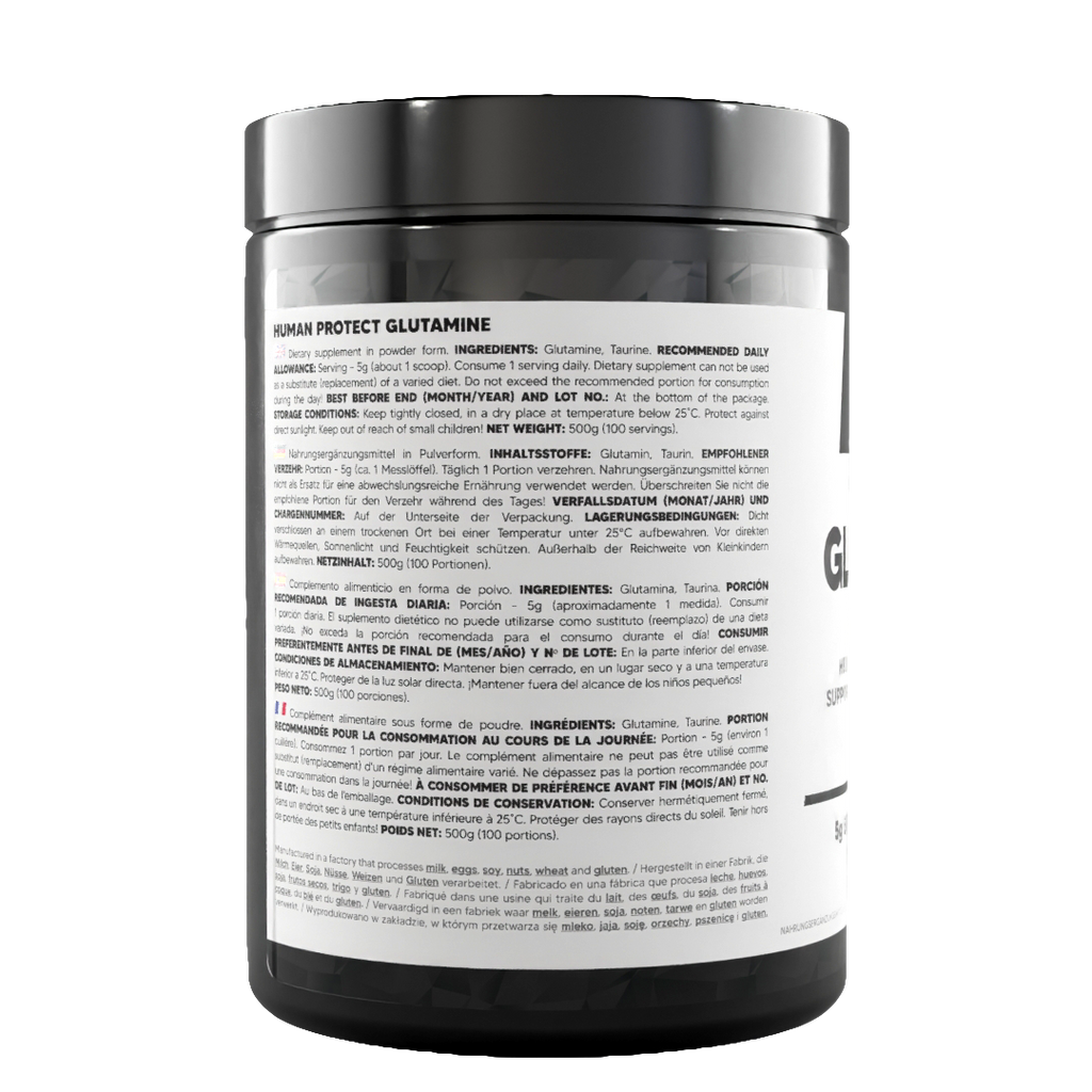 Back of glutamine 500 g jar with serving, storage and usage instructions text