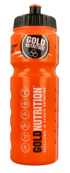 Orange Sport-Trinkflasche mit schwarzem Deckel und Gold Nutrition Aufdruck.