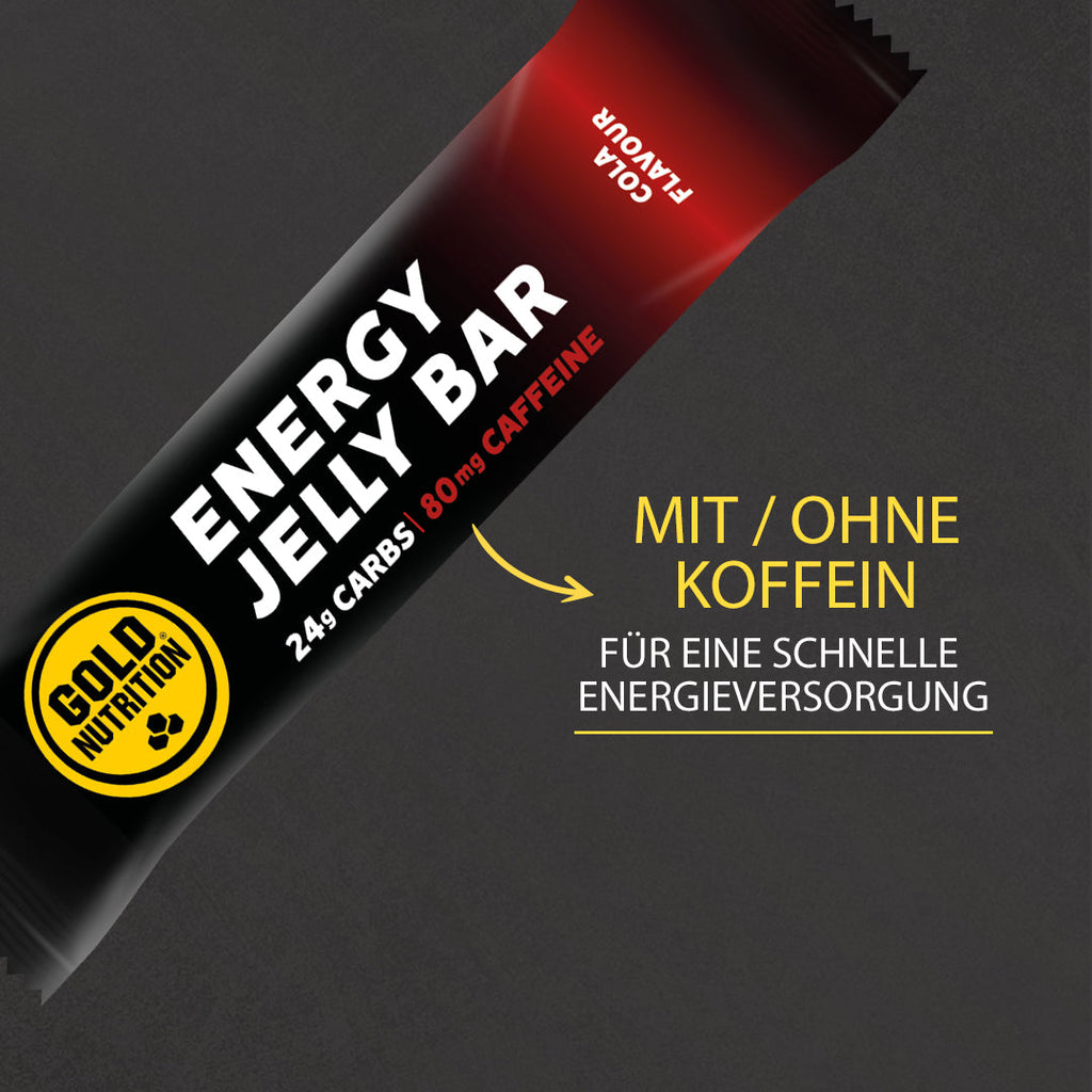 Energy Jelly Bar Packung mit Aufdruck „MIT/ OHNE KOFFEIN“ und 80 mg Koffein