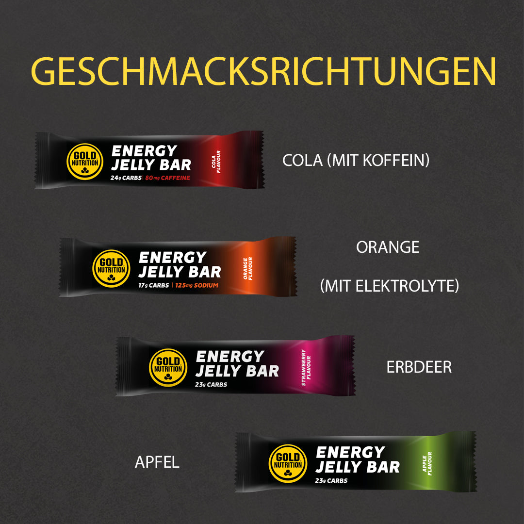 Energy Jelly Bar Sortiment-Übersicht: Cola (mit Koffein) und weitere Sorten
