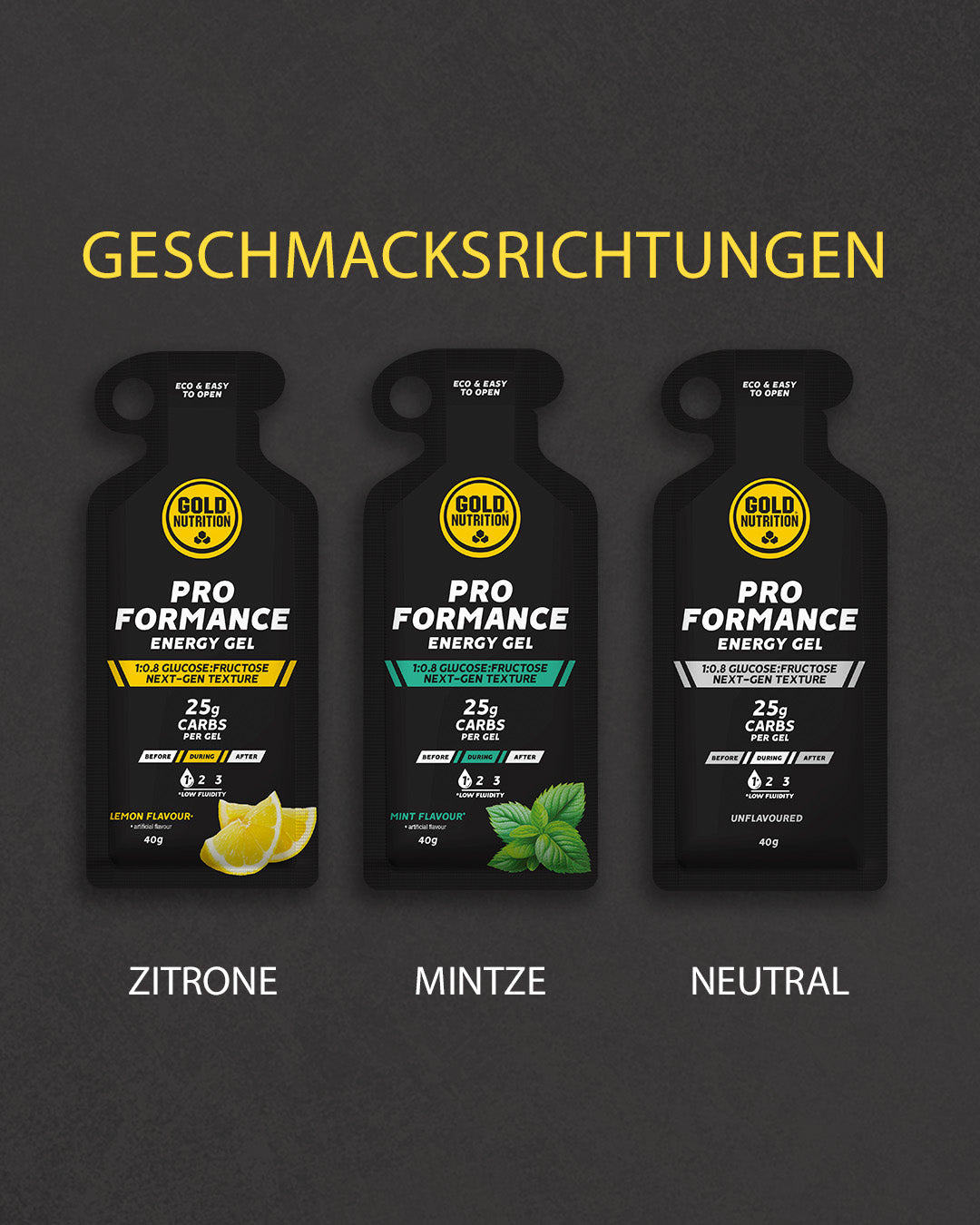 Proformance Energiegel Sorten: Zitrone, Minze, Neutral, je 25 g Beutel