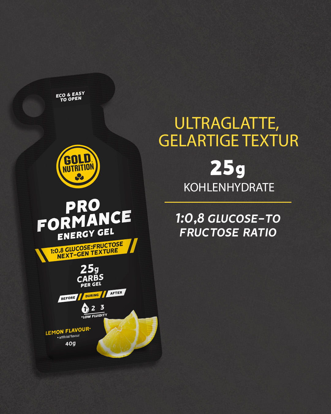 Energiegel Zitrone: ultraglatter Geltextur, 25 g Kohlenhydrate pro Gel (40 g)