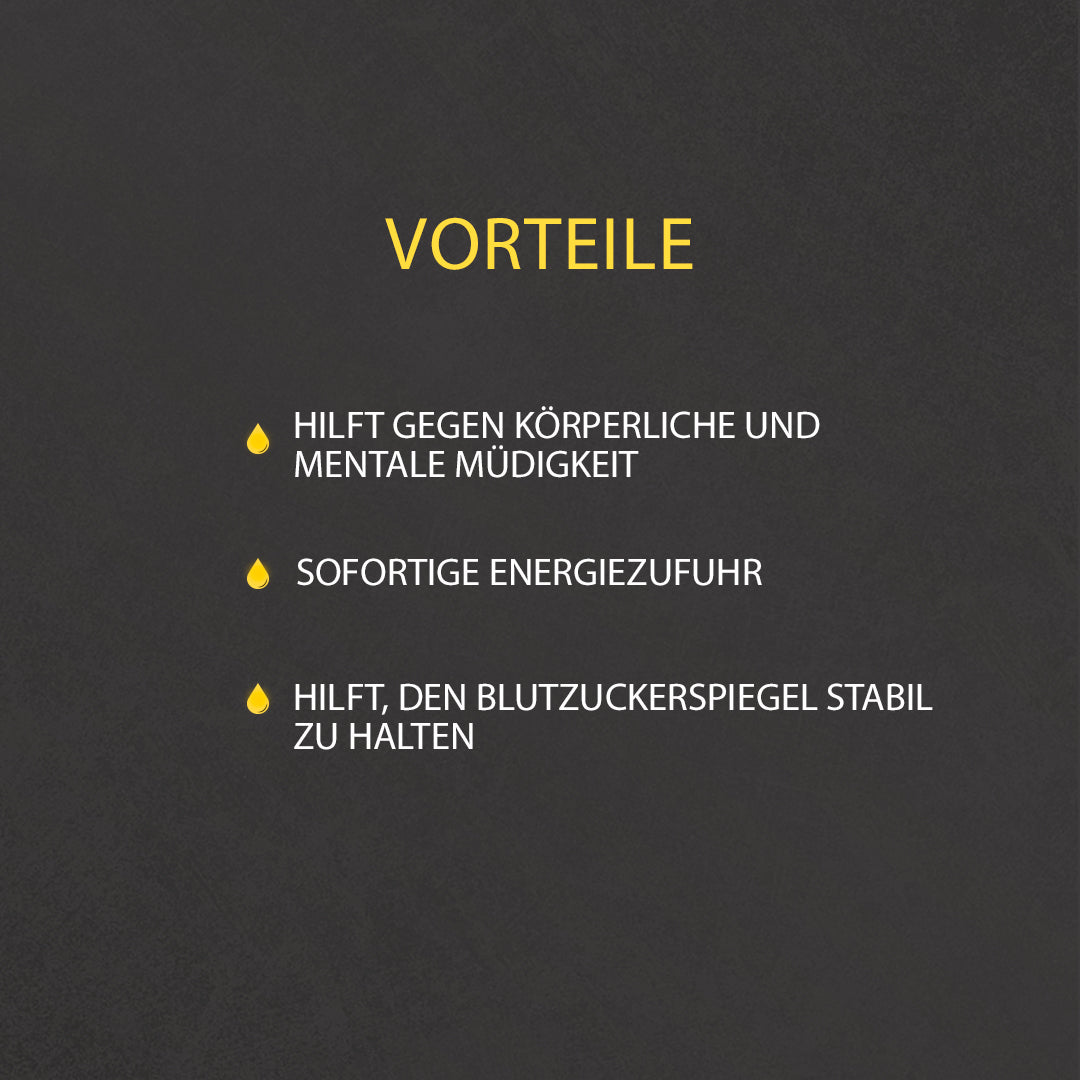 Vorteile: hilft gegen körperliche und mentale Müdigkeit, schnelle Energiezufuhr