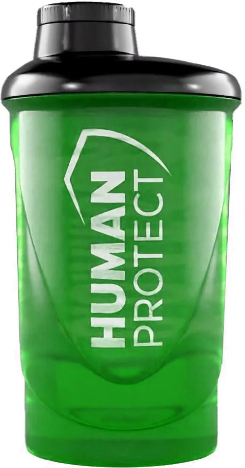 Shaker (grün) mit großer „HUMAN PROTECT“-Grafik auf der Vorderseite