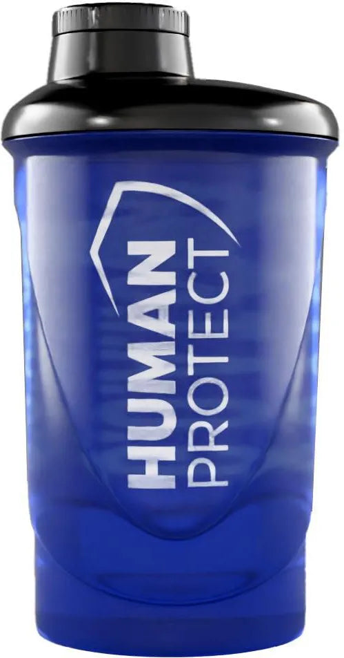 Human Protect Shaker blau, Vorderseite mit „HUMAN“-Schrift und Logo