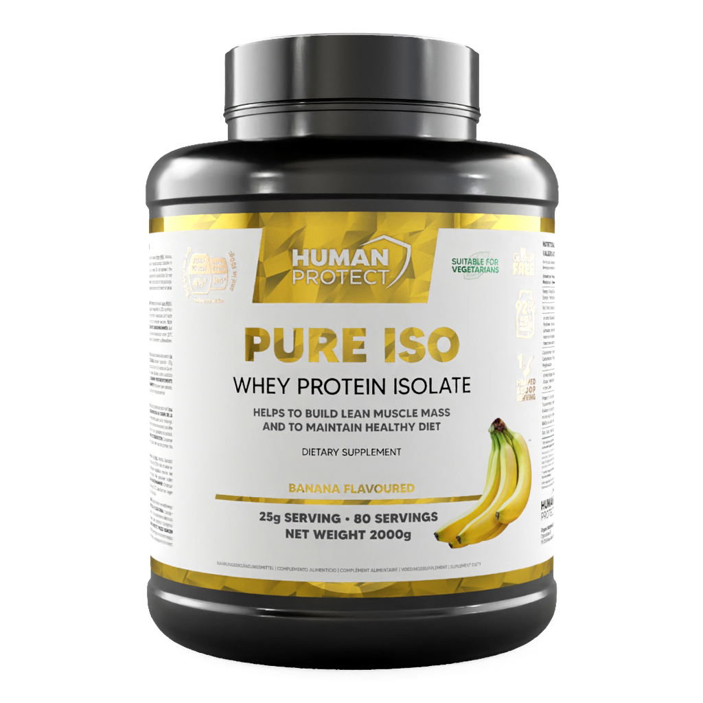 Human Protect Pure ISO whey protein isolate, banana flavored jar label