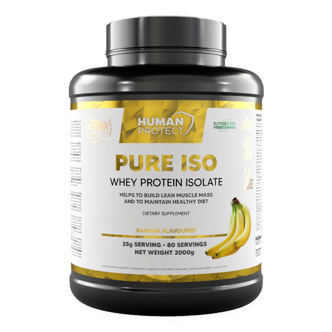Human Protect Pure ISO whey protein isolate, banana flavored jar label