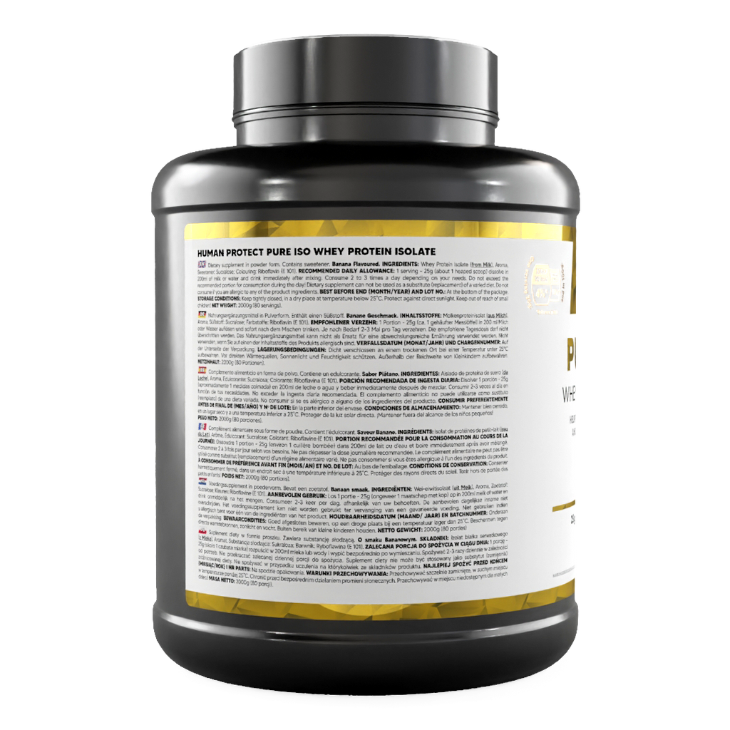 Pure ISO jar back label with ingredients text and yellow stripe, banana flavor