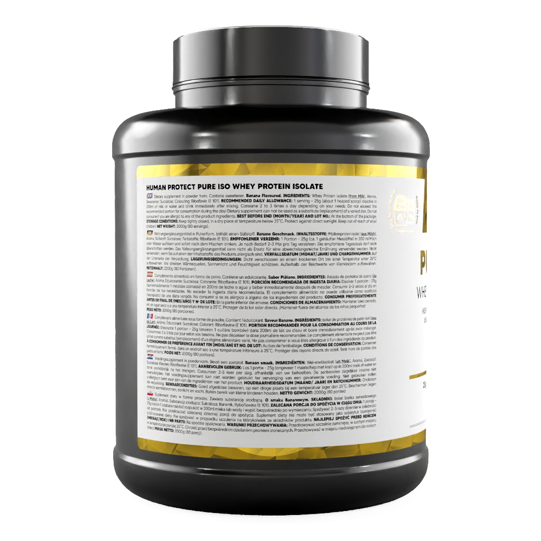 Pure ISO jar back label with ingredients text and yellow stripe, banana flavor