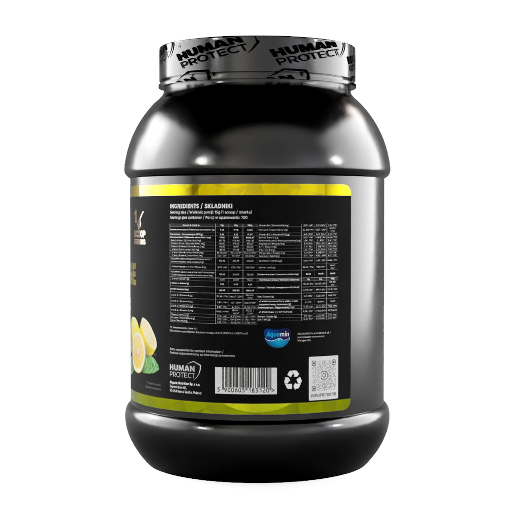 ISOCHARGE 1500g tub ingredients panel with barcode