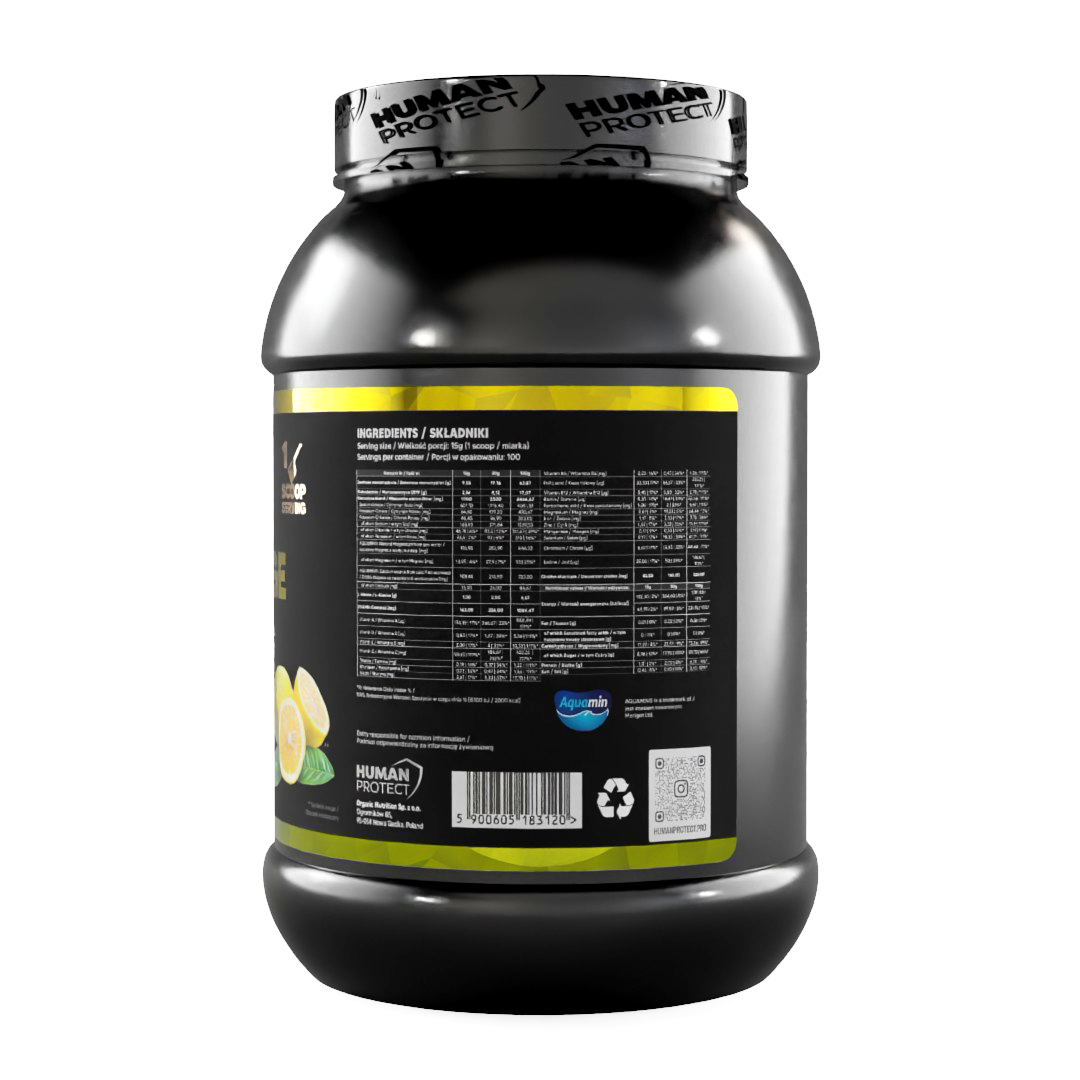 ISOCHARGE 1500g tub ingredients panel with barcode