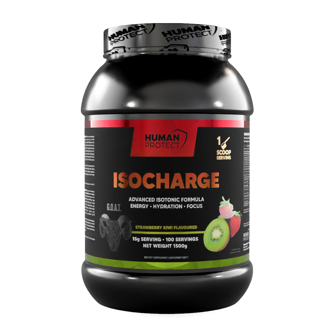 ISOCHARGE 1500g: Energy-Drink Strawberry-Kiwi, Frontetikett auf Flasche