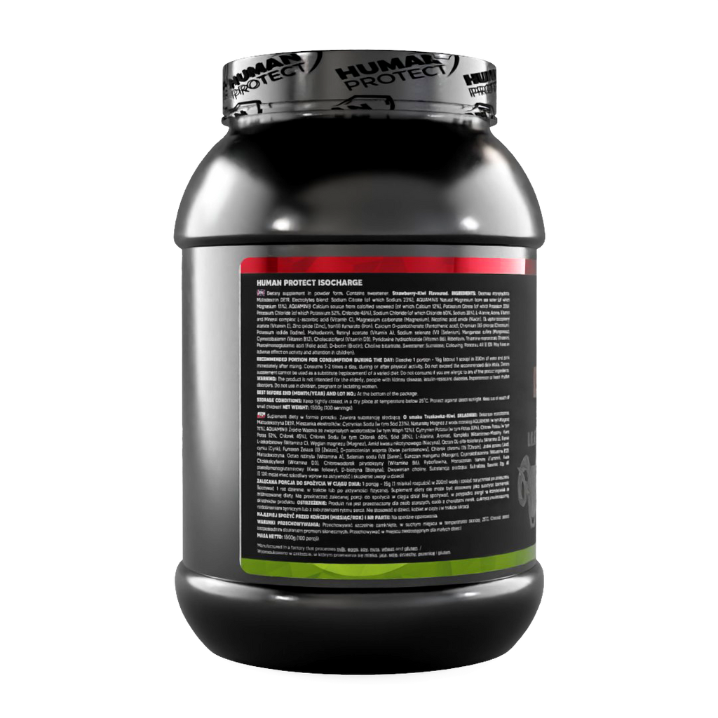 ISOCHARGE 1500g, Rückseite mit Produkt- und Nährwertinformationen auf Flasche