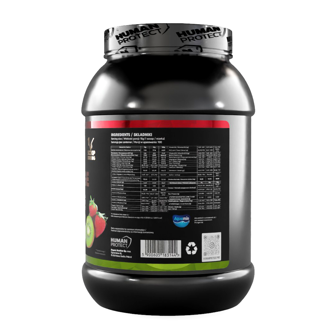 ISOCHARGE 1500g Rücketikett mit Zutatenliste und Barcode auf Flasche