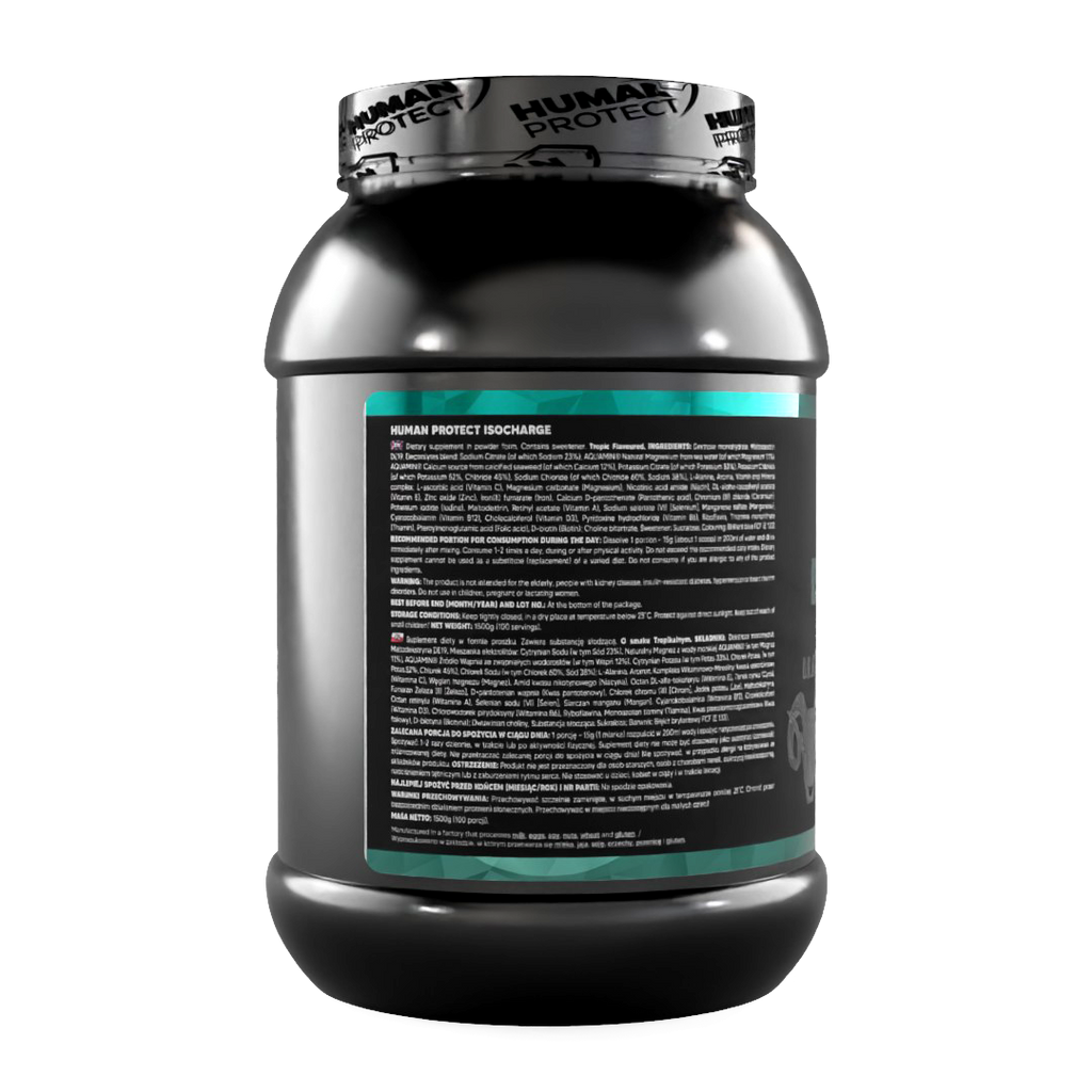 ISOCHARGE 1500g Tropic Spenderglas, Rückseite mit Hinweis- und Textangaben