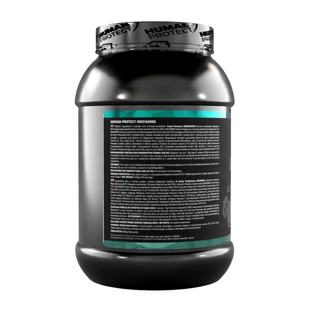 ISOCHARGE 1500g Tropic Spenderglas, Rückseite mit Hinweis- und Textangaben