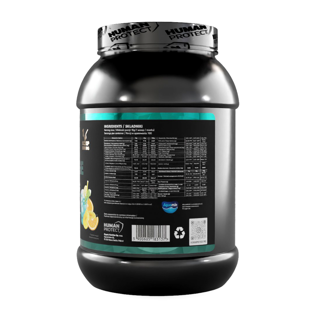ISOCHARGE 1500g Tropic Spenderglas, Zutaten- und Nährwerttabelle am Etikett