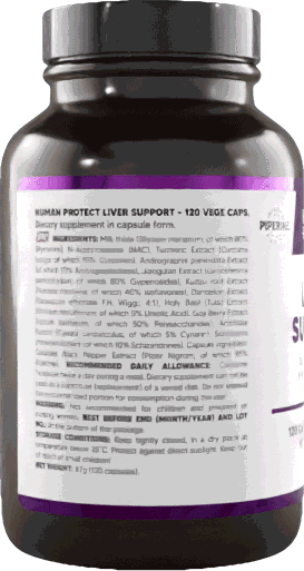 Human Protect Liver Support: Kapsel-Flasche mit weißem Etikett und violetten Akzenten