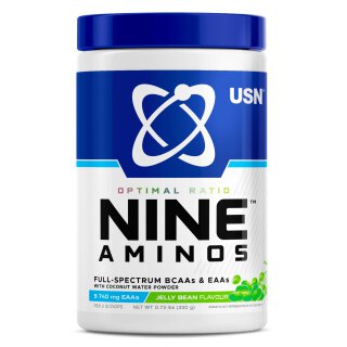 USN Nine Aminos supplement jar with blue lid