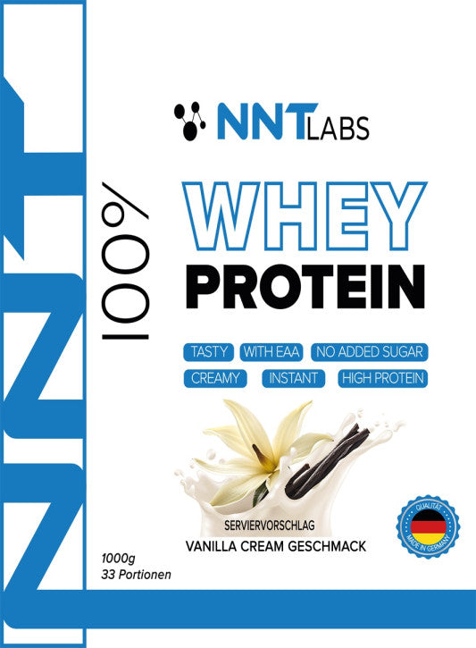 Whey-Protein 1000 g, Vanille-Creme-Geschmack, Vorderseite der Verpackung