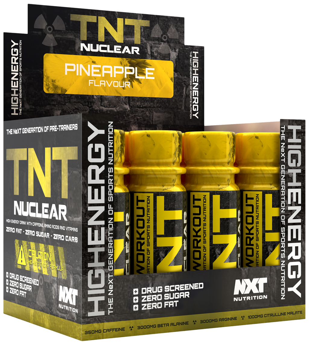 NXT TNT Nuclear Shots 12-Pack Pineapple flavour energy drink shots, yellow bottles