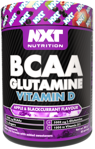 BCAA Glutamine & Vitamin D tub label, Apple & Blackcurrant flavour
