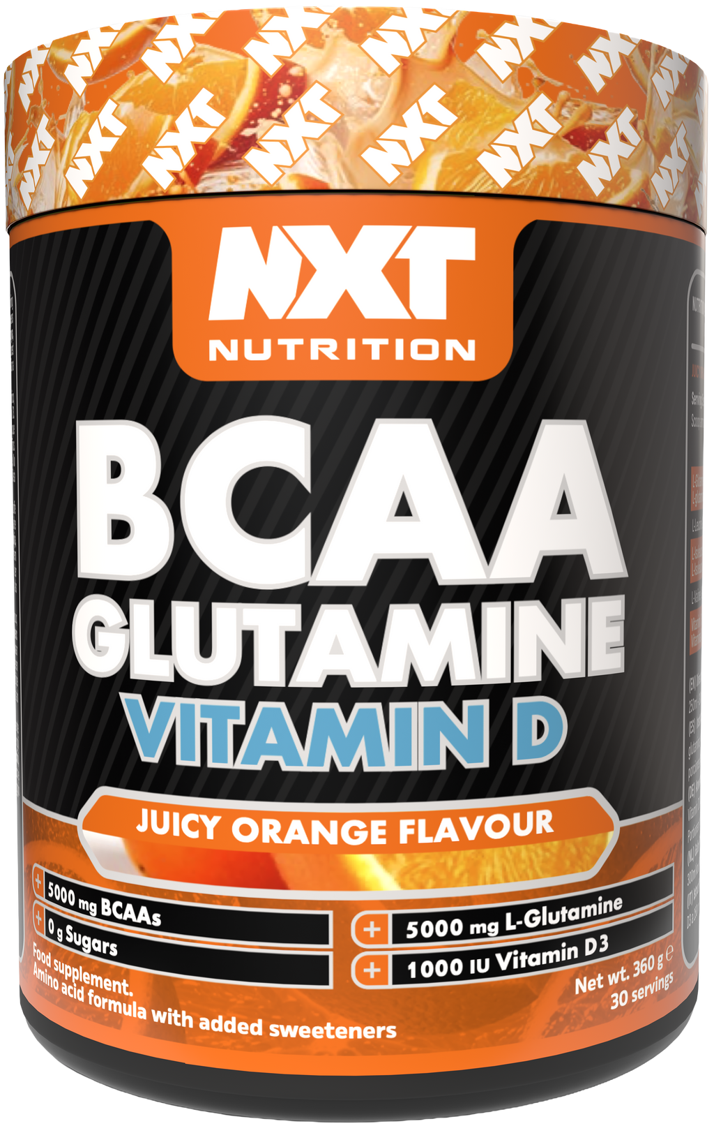 NXT BCAA Glutamine Vitamin D tub label, Juicy Orange flavour, supplement facts panel