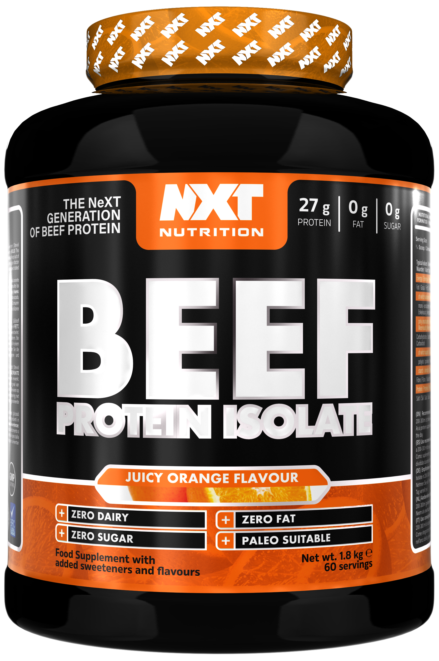 NXT Nutrition Beef Protein Isolate 1.8kg tub, Juicy Orange flavour, zero sugar