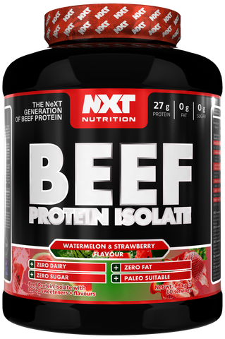 NXT Beef Protein Isolate tub, Watermelon & Strawberry flavour label